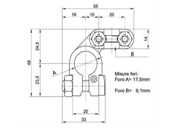 Morsetti per batteria in ottone tipo alfa rinforzato con polarita' positiva e negativa